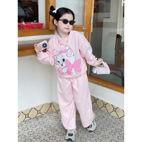 Quần áo thu đông bé gái, set bộ nỉ 2 da loại 1 mèo Marie cho bé 13-33kg