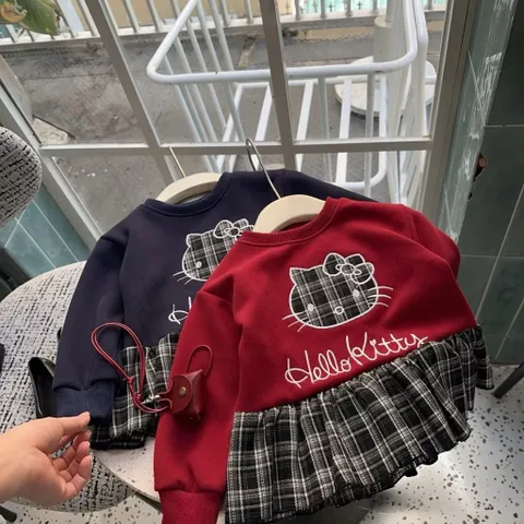Quần áo thu đông bé gái, set áo nỉ Babydoll thêu mèo kẻ xanh kèm quần legging cho bé 10-23kg
