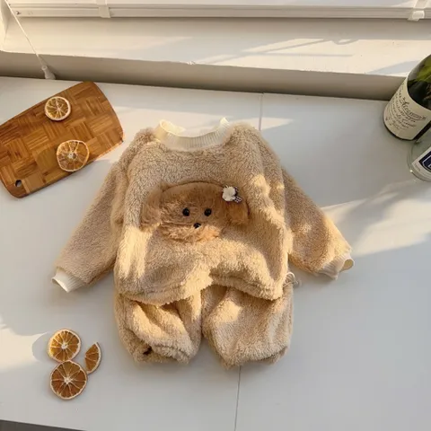 Loại 1- Quần áo thu đông cho bé, set bộ lông 2 mặt dày thêu đắp hình thú cho bé 6-15kg