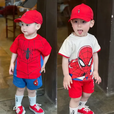 Quần áo bé trai, set bộ áo cotton Spider Man kèm quần short chân cua cho bé 8-25kg