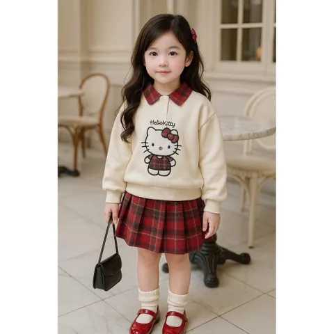 Váy cho bé gái, Set váy áo nỉ có cổ thêu mèo Hello Kitty kèm chân váy dạ kẻ đỏ size bé 10–32kg