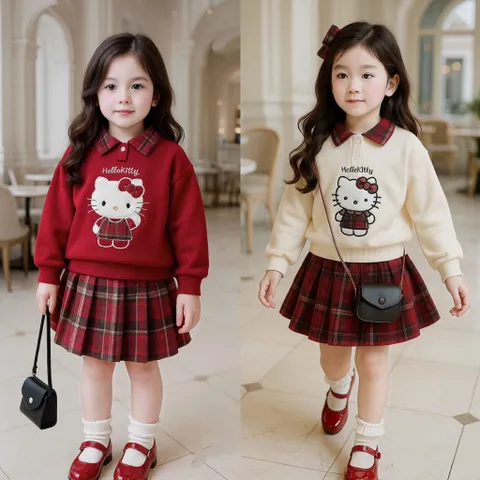 Váy cho bé gái, Set váy áo nỉ có cổ thêu mèo Hello Kitty kèm chân váy dạ kẻ đỏ size bé 10–32kg