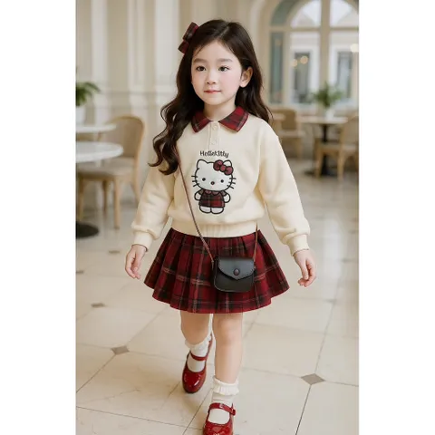 Váy cho bé gái, Set váy áo nỉ có cổ thêu mèo Hello Kitty kèm chân váy dạ kẻ đỏ size bé 10–32kg