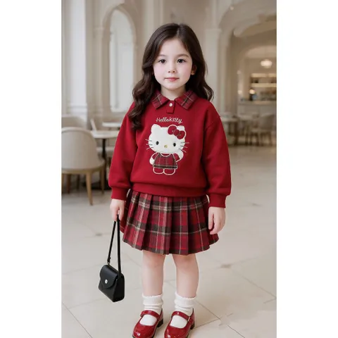 Váy cho bé gái, Set váy áo nỉ có cổ thêu mèo Hello Kitty kèm chân váy dạ kẻ đỏ size bé 10–32kg