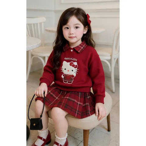 Váy cho bé gái, Set váy áo nỉ có cổ thêu mèo Hello Kitty kèm chân váy dạ kẻ đỏ size bé 10–32kg