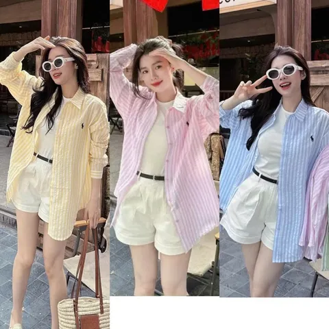 Quần áo bé gái, set 4ct: áo sơ mi kẻ thêu ngựa, áo ba lỗ, quần short đùi và dây lưng cho bé 10-30kg