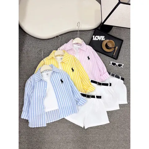 Quần áo bé gái, set 4ct: áo sơ mi kẻ thêu ngựa, áo ba lỗ, quần short đùi và dây lưng cho bé 10-30kg