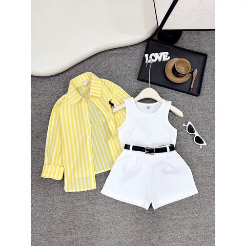 Quần áo bé gái, set 4ct: áo sơ mi kẻ thêu ngựa, áo ba lỗ, quần short đùi và dây lưng cho bé 10-30kg