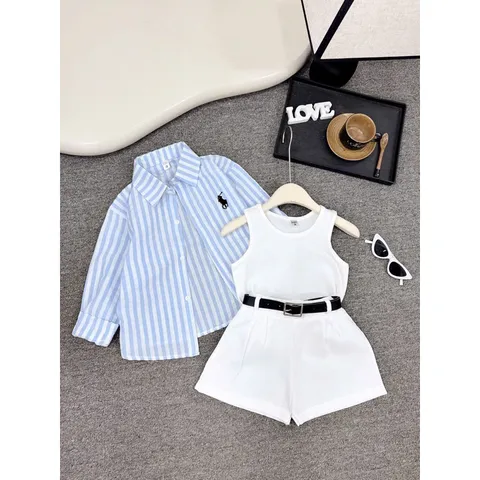 Quần áo bé gái, set 4ct: áo sơ mi kẻ thêu ngựa, áo ba lỗ, quần short đùi và dây lưng cho bé 10-30kg