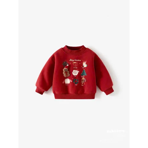 Áo nỉ đỏ Noel cho bé, áo Sweater chất nỉ Hàn cao cấp hoạ tiết tuần lộc và gấu cho bé trai, bé gái size 8-30kg