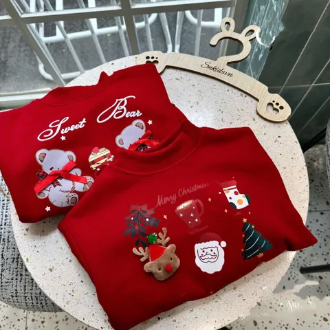 Áo nỉ đỏ Noel cho bé, áo Sweater chất nỉ Hàn cao cấp hoạ tiết tuần lộc và gấu cho bé trai, bé gái size 8-30kg