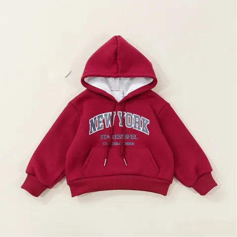 Áo nỉ đỏ Noel cho bé, áo Hoodie nỉ lót lông hoạ tiết chữ NEWYORK cho bé trai và bé gái tùe 10-45kg