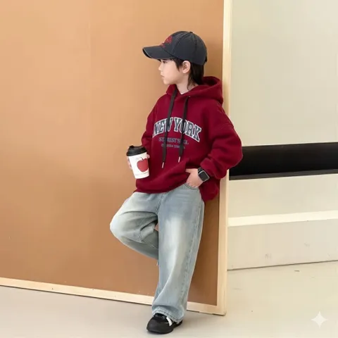 Áo nỉ đỏ Noel cho bé, áo Hoodie nỉ lót lông hoạ tiết chữ NEWYORK cho bé trai và bé gái tùe 10-45kg