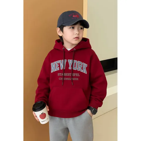 Áo nỉ đỏ Noel cho bé, áo Hoodie nỉ lót lông hoạ tiết chữ NEWYORK cho bé trai và bé gái tùe 10-45kg