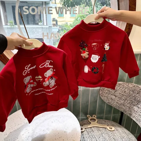 Áo nỉ đỏ Noel cho bé, áo Sweater chất nỉ Hàn cao cấp hoạ tiết tuần lộc và gấu cho bé trai, bé gái size 8-30kg