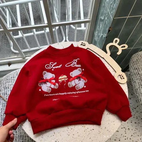 Áo nỉ đỏ Noel cho bé, áo Sweater chất nỉ Hàn cao cấp hoạ tiết tuần lộc và gấu cho bé trai, bé gái size 8-30kg