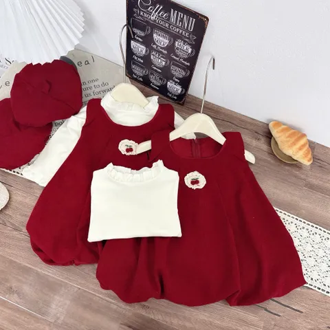Váy cho bé gái, Set 3ct váy nhung lì dáng bí kèm áo giữ nhiệt và mũ nồi siêu xinh cho bé 10–30kg