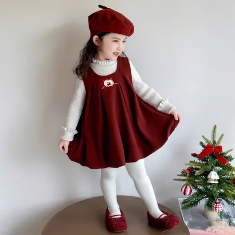 Váy cho bé gái, Set 3ct váy nhung lì dáng bí kèm áo giữ nhiệt và mũ nồi siêu xinh cho bé 10–30kg