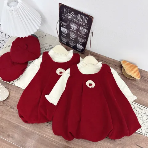 Váy cho bé gái, Set 3ct váy nhung lì dáng bí kèm áo giữ nhiệt và mũ nồi siêu xinh cho bé 10–30kg
