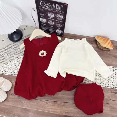Váy cho bé gái, Set 3ct váy nhung lì dáng bí kèm áo giữ nhiệt và mũ nồi siêu xinh cho bé 10–30kg