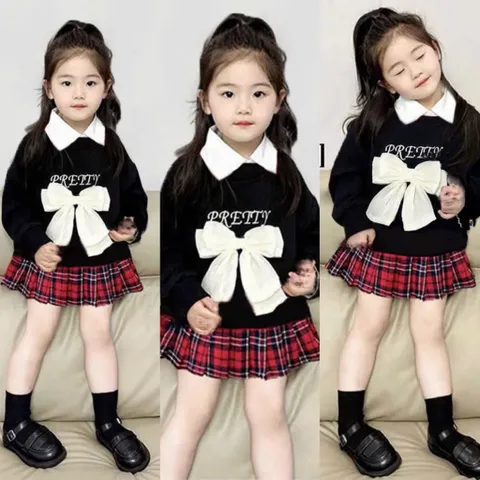 Váy thu đông bé gái, set áo thun nỉ dài tay in chữ Pretty có cổ kèm chân váy kẻ caro xếp ly cho bé 10-32kg