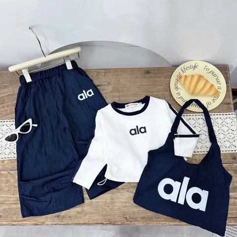 Quần áo bé gái, set 3ct: áo cotton sài tay, quần suông rộng và túi ALA cho bé 10-32kg