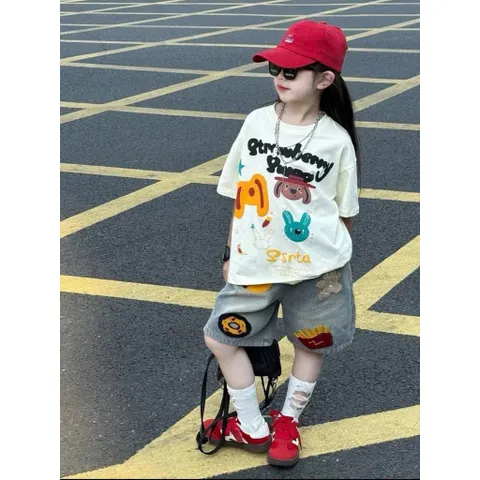 Quần áo cộc tay bé gái, set áo phông kết hợp quần Short Jean Style Street cho bé 13-35kg