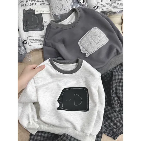 Quần áo thu đông bé trai, set bộ áo nỉ thêu đắp hình kèm quần dạ kẻ cho bé 9-27kg