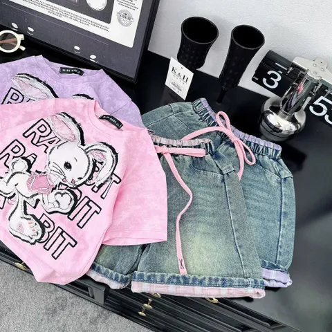 Quần áo bé gái, set bộ áo thỏ Rabbit kèm quần short jean cho bé 17-42kg