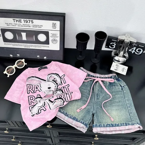 Quần áo bé gái, set bộ áo thỏ Rabbit kèm quần short jean cho bé 17-42kg