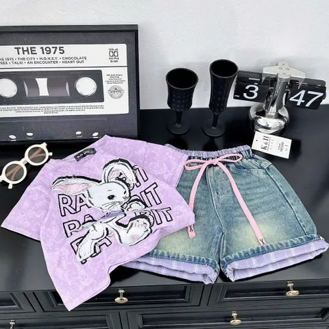 Quần áo bé gái, set bộ áo thỏ Rabbit kèm quần short jean cho bé 17-42kg