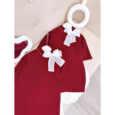 Áo dài cách tân cho bé gái, set áo dài nhung đỏ nơ cổ kèm chân váy size đại cho bé 15-38kg