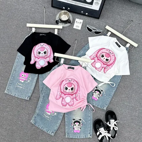 Quần áo bé gái, set bộ áo cotton hình thỏ in hình nhiệt lụa kèm quần jean ống rộng cho bé 10-32kg