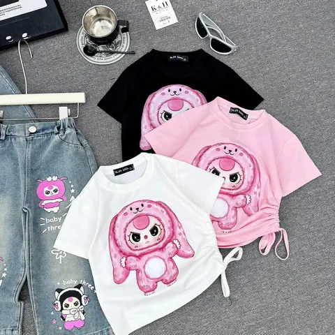 Quần áo bé gái, set bộ áo cotton hình thỏ in hình nhiệt lụa kèm quần jean ống rộng cho bé 10-32kg