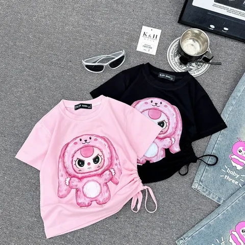 Quần áo bé gái, set bộ áo cotton hình thỏ in hình nhiệt lụa kèm quần jean ống rộng cho bé 10-32kg