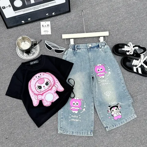 Quần áo bé gái, set bộ áo cotton hình thỏ in hình nhiệt lụa kèm quần jean ống rộng cho bé 10-32kg