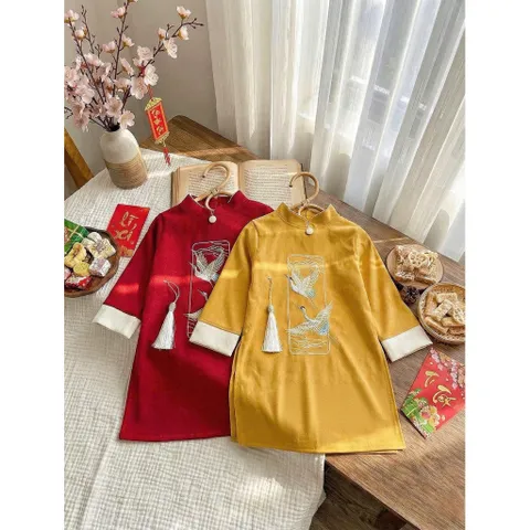 Áo dài cách tân cho bé trai – Nhung lì thêu chim hạc sang trọng cho bé 8-20kg