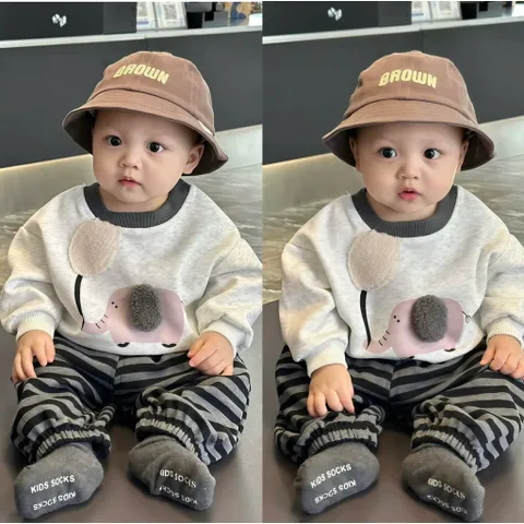 Quần áo thu đông bé trai, set bộ áo nỉ 2 da cao cấp thêu đắp hình chú voi kèm quàn zip kẻ dày dặn cho bé từ 9-26kg