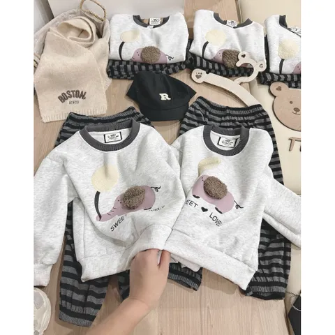 Quần áo thu đông bé trai, set bộ áo nỉ 2 da cao cấp thêu đắp hình chú voi kèm quàn zip kẻ dày dặn cho bé từ 9-26kg