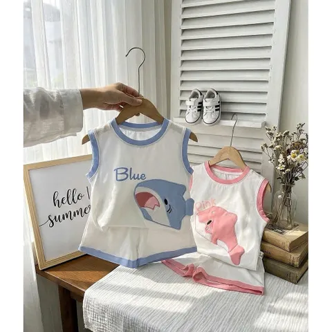 Set bộ cotton zip Hàn Quốc cho bé trai bé gái 8-20kg – đồ bộ sát nách cotton mềm mát hình cá heo dễ thương