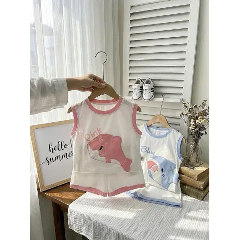 Set bộ cotton zip Hàn Quốc cho bé trai bé gái 8-20kg – đồ bộ sát nách cotton mềm mát hình cá heo dễ thương