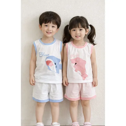 Set bộ cotton zip Hàn Quốc cho bé trai bé gái 8-20kg – đồ bộ sát nách cotton mềm mát hình cá heo dễ thương