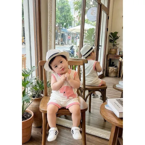 Set bộ cotton zip Hàn Quốc cho bé trai bé gái 8-20kg – đồ bộ sát nách cotton mềm mát hình cá heo dễ thương