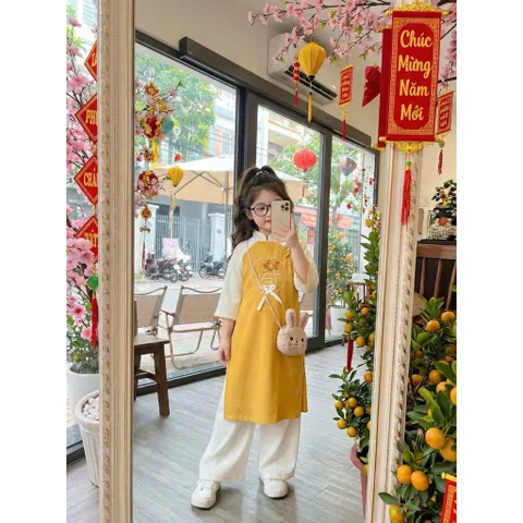 Áo dài cách tân cho bé, set cặp áo dài nhung chéo lì thêu chữ TẾT cho bé trai và bé gái từ 9-30kg