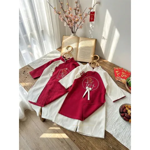 Áo dài cách tân cho bé, set cặp áo dài nhung chéo lì thêu chữ TẾT cho bé trai và bé gái từ 9-30kg
