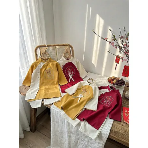 Áo dài cách tân cho bé, set cặp áo dài nhung chéo lì thêu chữ TẾT cho bé trai và bé gái từ 9-30kg