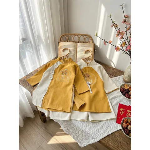 Áo dài cách tân cho bé, set cặp áo dài nhung chéo lì thêu chữ TẾT cho bé trai và bé gái từ 9-30kg