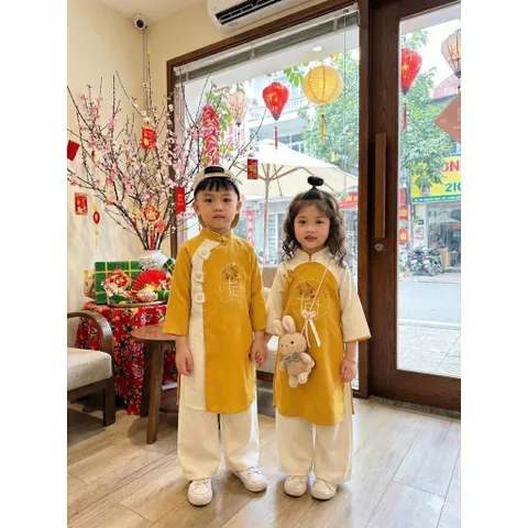 Áo dài cách tân cho bé, set cặp áo dài nhung chéo lì thêu chữ TẾT cho bé trai và bé gái từ 9-30kg