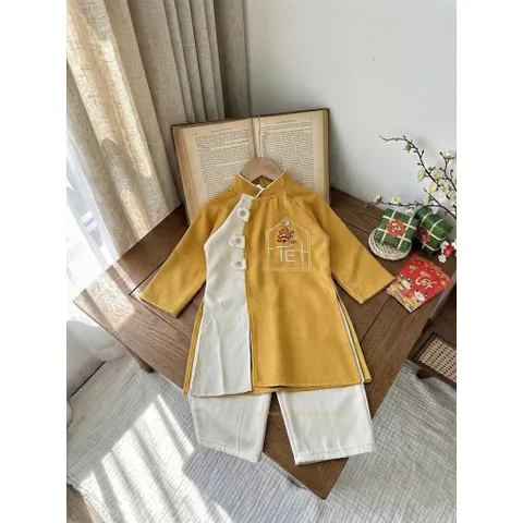 Áo dài cách tân cho bé, set cặp áo dài nhung chéo lì thêu chữ TẾT cho bé trai và bé gái từ 9-30kg