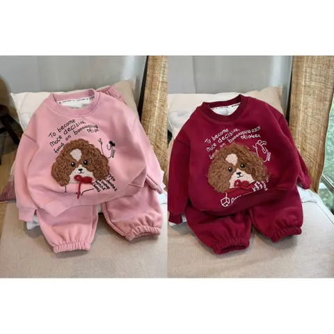 Quần áo thu đông cho bé, set bộ nỉ Hàn lót lông ấm áp thêu đắp gấu xù cho bé trai và bé gái 8-22kg